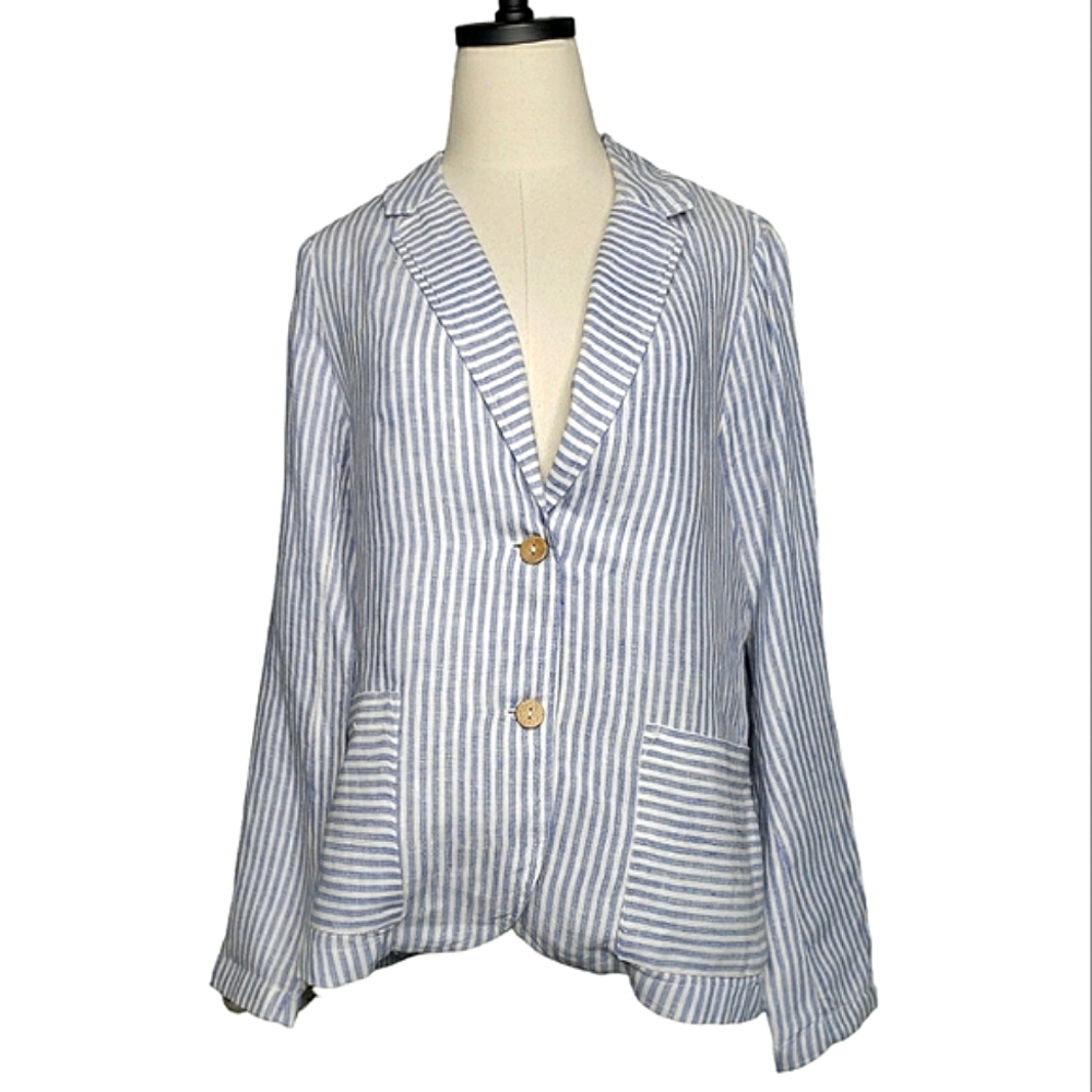 Tahari Linen Spring Blazer L Striped French Slouchy Minamalist Academia Nautical